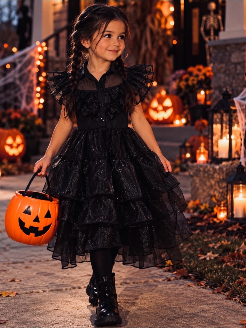Girls Wednesday Addams Dress 6T Black Gothic Ruffle High Low Halloween Costume